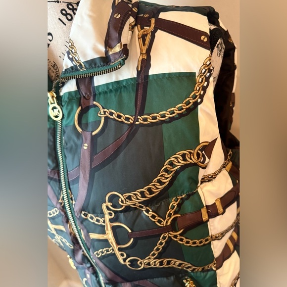 Michael Kors Bold Logo Print Puffer Vest Zip Front Equestrian Purse Straps Chain - Picture 7 of 9